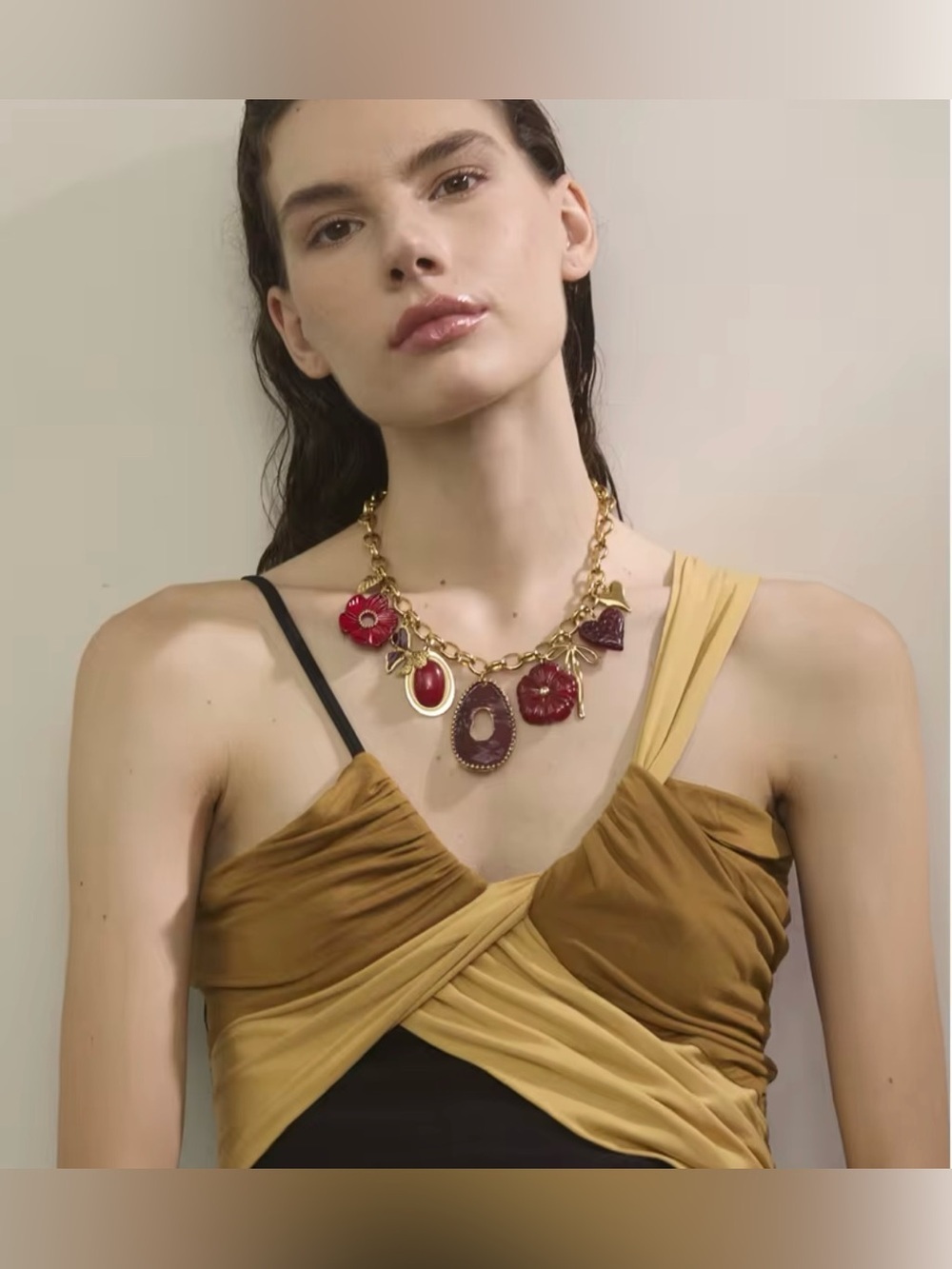 Burgundy Charm Statement Necklace | Gold Plated Chunky Chain | Necklace - Picture 5 of 7
